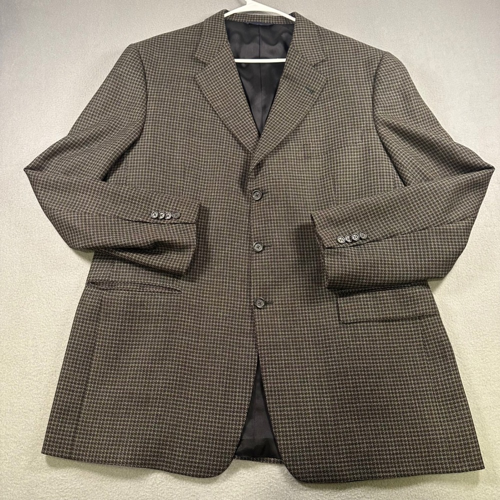 Burberry London Mens 46 Long Wool Blazer Brown Houndstooth Sport Coat USA Made